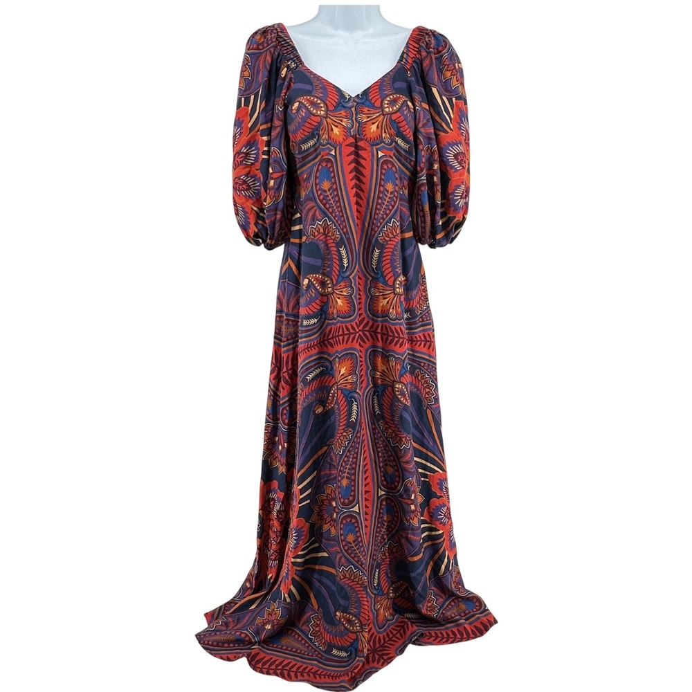 Farm Rio Maxi Dress Boho Maximalist Bold Luxury Women XS Paisley Puff Sleeve